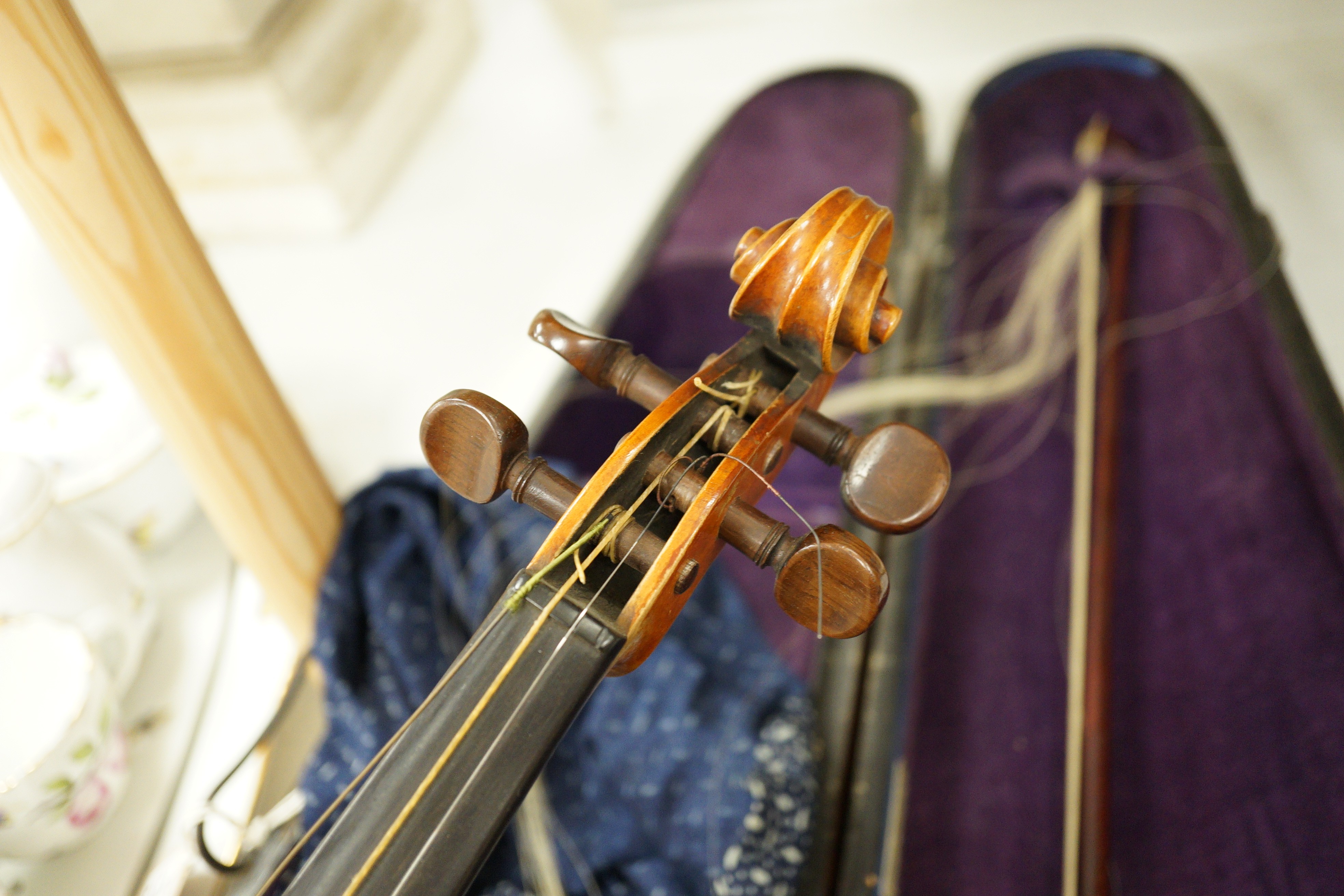 A violin with interior label reading ‘Copy of Richard Duke Fecit Dresdae: Anno 1889’ together with rosewood case. Back measures 36cm